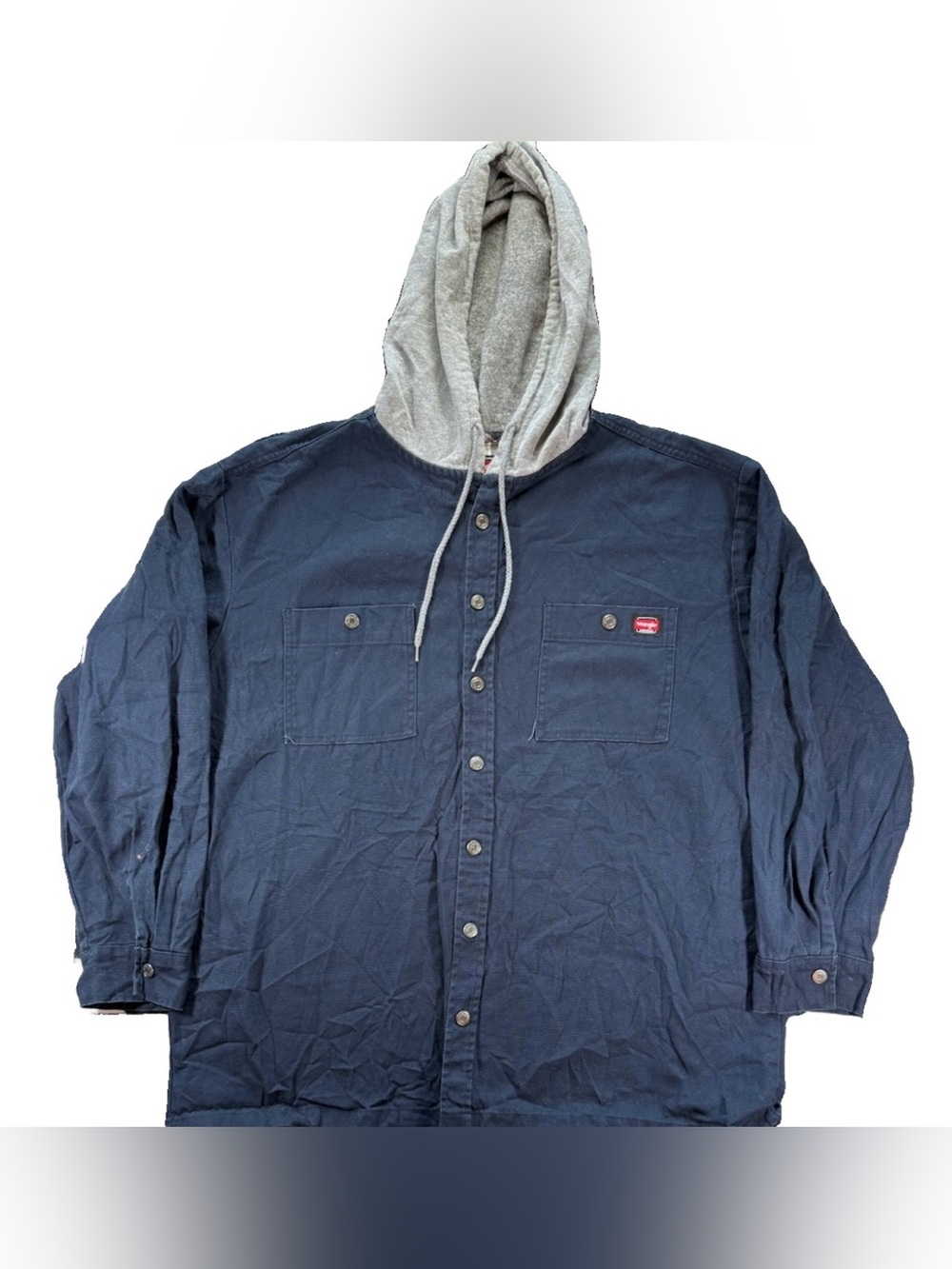 Wrangler Workwear Hooded Canvas Shirt Jacket Men's XL Blue Snap Pockets Utility